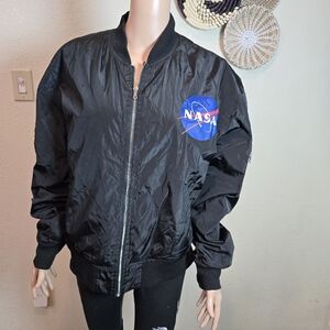 NASA Bomber Jacket With Patches Chemistry Brand Black With Orange Lining Sz Larg